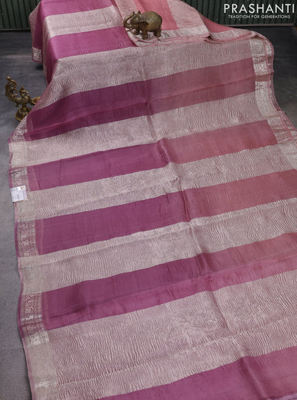Pure organza partly silk saree pastel peach and pastel pink with silver zari stripe pattern and silver zari woven border