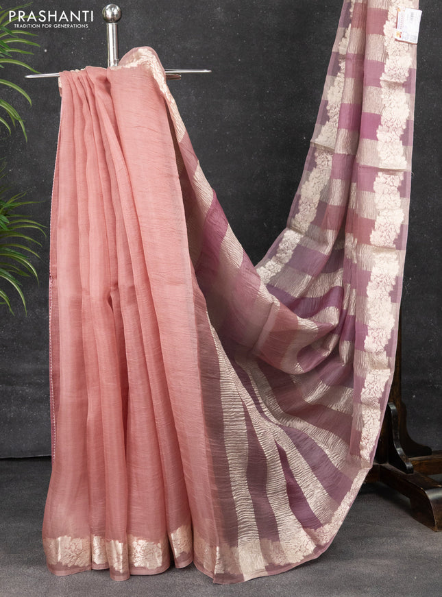 Pure organza partly silk saree pastel pink with silver zari stripe pattern and silver zari woven border