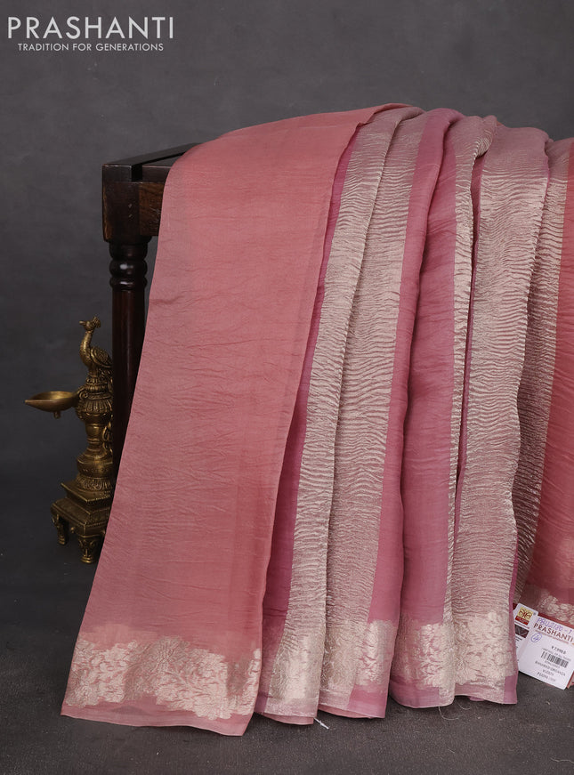 Pure organza partly silk saree pastel pink with silver zari stripe pattern and silver zari woven border
