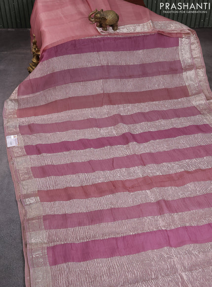 Pure organza partly silk saree pastel pink with allover silver zari weaves and silver zari woven border