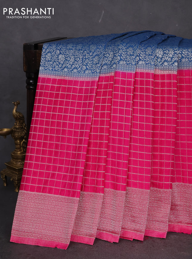 Banarasi semi crepe saree peacock blue and pink with zari woven brocade weaves and long zari woven checked kborder