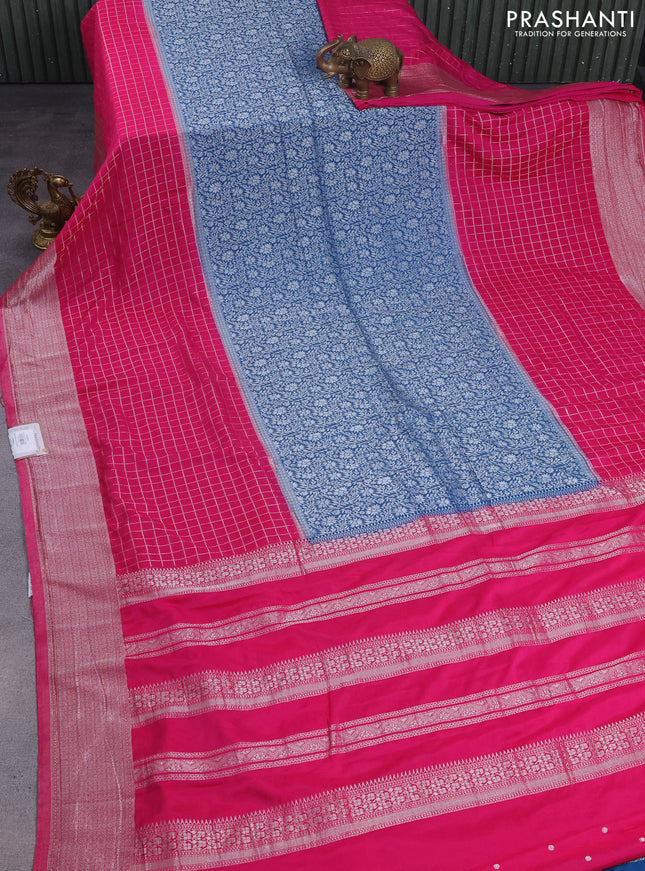 Banarasi semi crepe saree peacock blue and pink with zari woven brocade weaves and long zari woven checked kborder