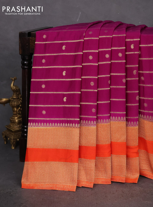 Banarasi semi crepe saree purple and orange with allover zari weaves & buttas and rettapet zari woven border