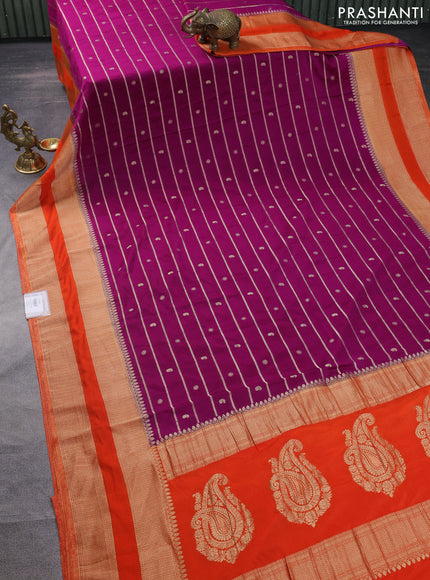 Banarasi semi crepe saree purple and orange with allover zari weaves & buttas and rettapet zari woven border