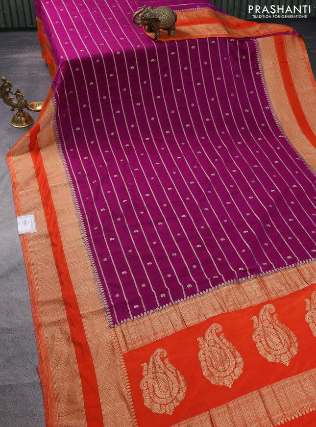 Banarasi semi crepe saree purple and orange with allover zari weaves & buttas and rettapet zari woven border