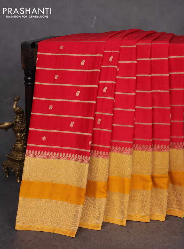 Banarasi semi crepe saree red and mustard yellow with allover zari weaves & buttas and rettapet zari woven border