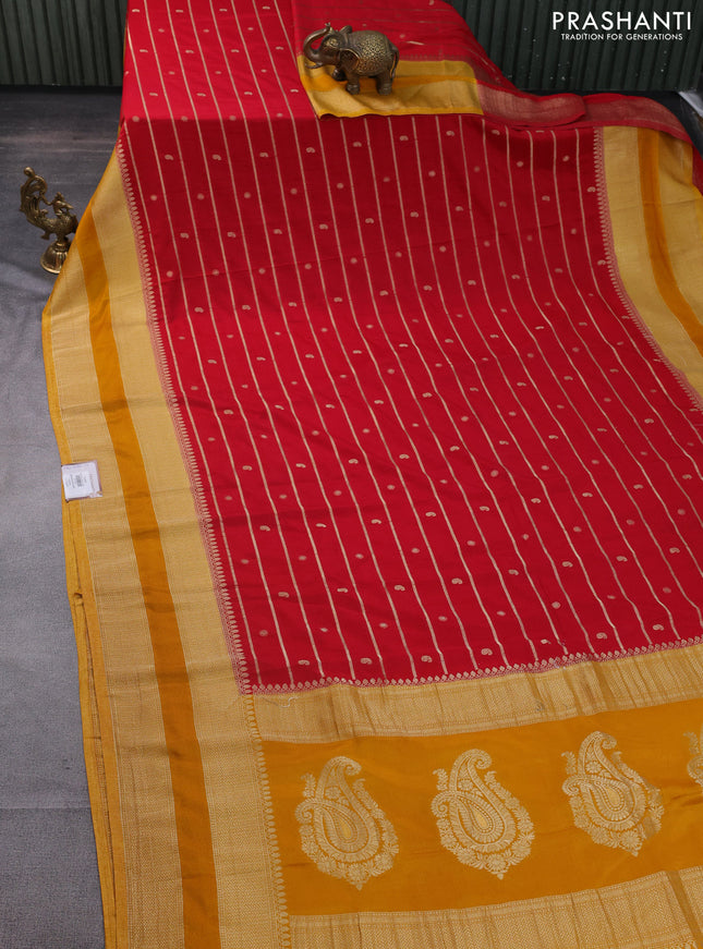 Banarasi semi crepe saree red and mustard yellow with allover zari weaves & buttas and rettapet zari woven border