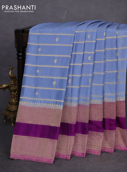 Banarasi semi crepe saree pastel blue and purple with allover zari weaves & buttas and rettapet zari woven border