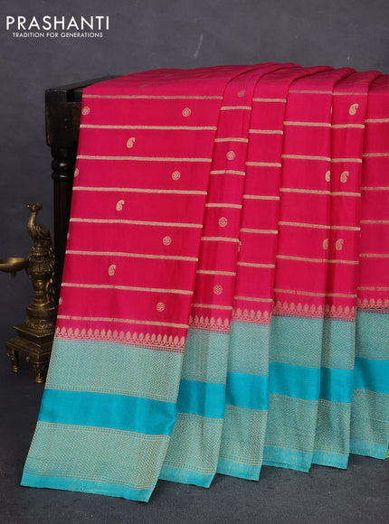 Banarasi semi crepe saree pink and teal blue with allover zari weaves & buttas and rettapet zari woven border