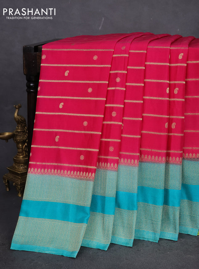 Banarasi semi crepe saree pink and teal blue with allover zari weaves & buttas and rettapet zari woven border