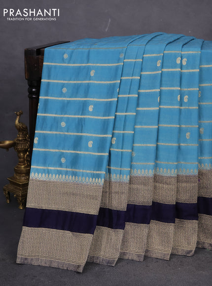 Banarasi semi crepe saree pastel blue and navy blue with allover zari weaves & buttas and rettapet zari woven border
