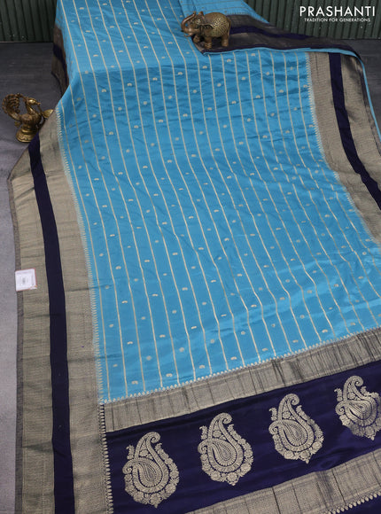 Banarasi semi crepe saree pastel blue and navy blue with allover zari weaves & buttas and rettapet zari woven border