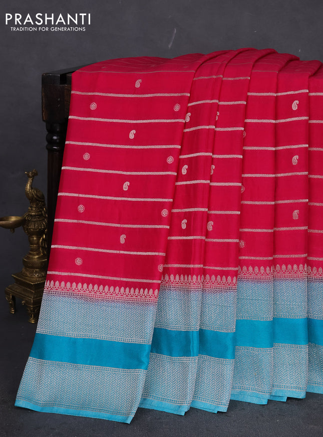 Banarasi semi crepe saree pink and teal blue with allover zari weaves & buttas and rettapet zari woven border