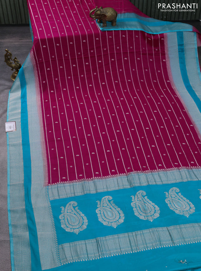 Banarasi semi crepe saree pink and teal blue with allover zari weaves & buttas and rettapet zari woven border