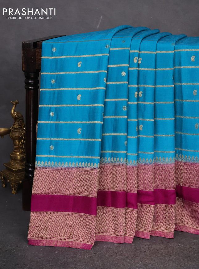 Banarasi semi crepe saree cs blue and purple with allover zari weaves & buttas and rettapet zari woven border