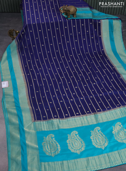 Banarasi semi crepe saree blue and teal blue with allover zari weaves & buttas and rettapet zari woven border
