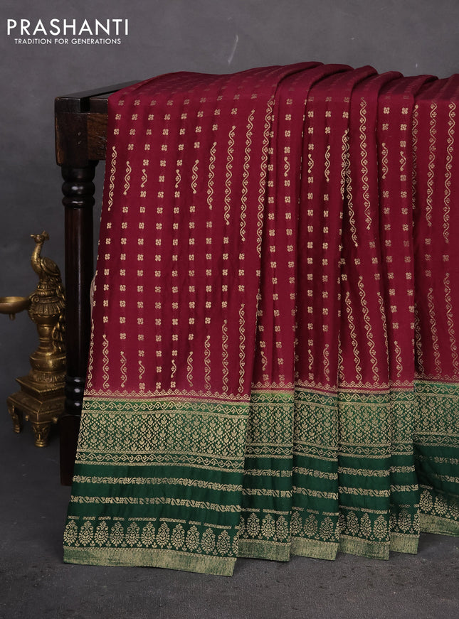 Banarasi semi crepe saree maroon and green with allover zari woven butta weaves and zari woven border