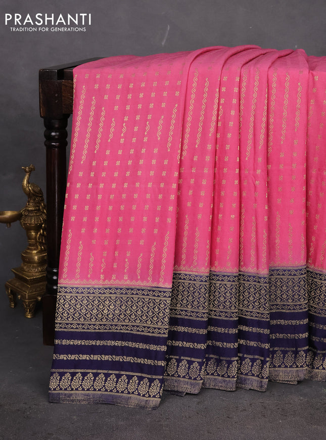 Banarasi semi crepe saree pink and navy blue with allover zari woven butta weaves and zari woven border