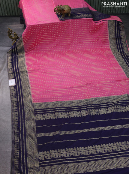 Banarasi semi crepe saree pink and navy blue with allover zari woven butta weaves and zari woven border