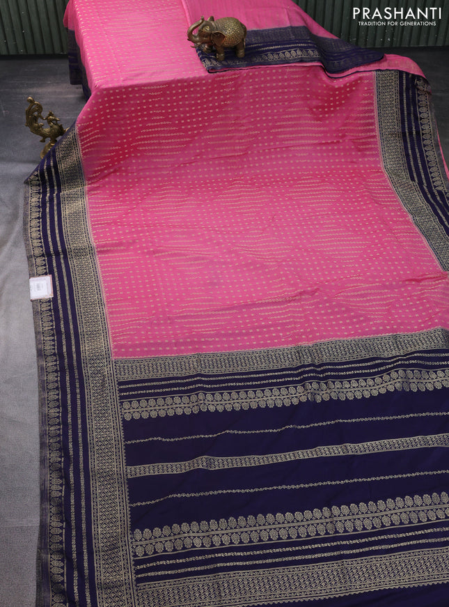 Banarasi semi crepe saree pink and navy blue with allover zari woven butta weaves and zari woven border