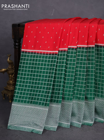 Banarasi semi crepe saree red and green with zari woven buttas and long zari checked pattern border