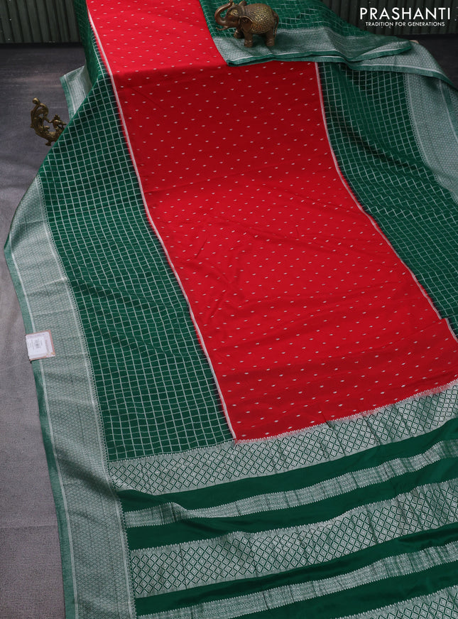 Banarasi semi crepe saree red and green with zari woven buttas and long zari checked pattern border