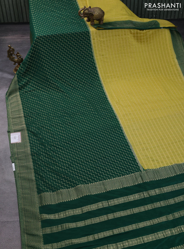 Banarasi semi crepe saree lime yellow and green with half & half style and zari woven border