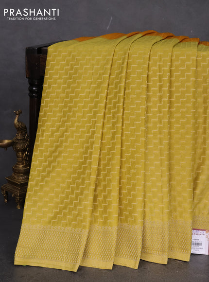 Banarasi semi crepe saree dark mustard and lime yellow with half & half style and zari woven border