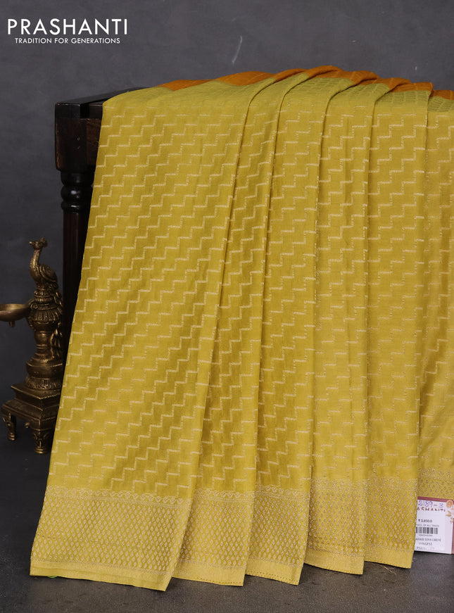 Banarasi semi crepe saree dark mustard and lime yellow with half & half style and zari woven border