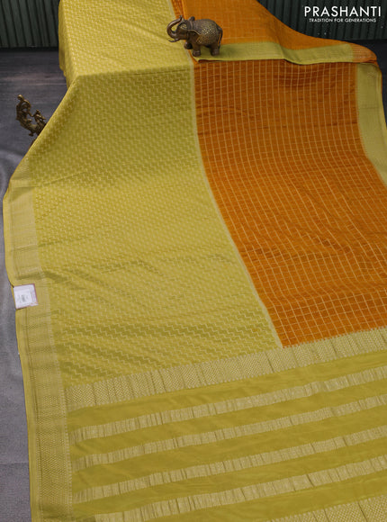 Banarasi semi crepe saree dark mustard and lime yellow with half & half style and zari woven border
