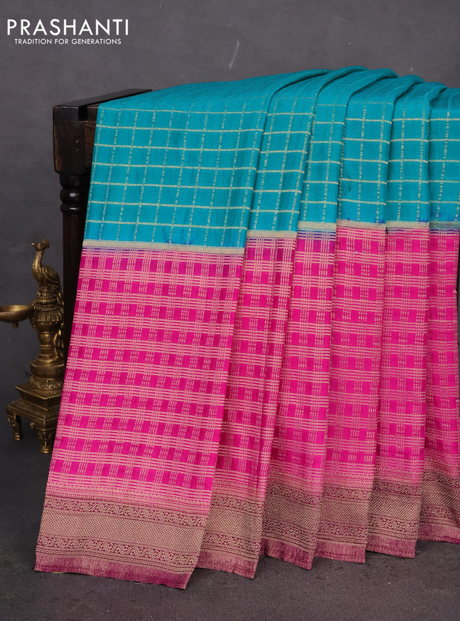 Banarasi semi crepe saree teal blue and pink wine shade with allover zari checked pattern and zari woven border