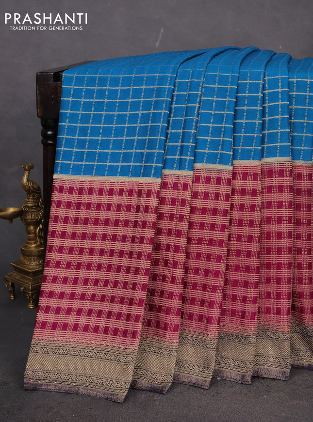 Banarasi semi crepe saree cs blue and deep purple navy blue with allover zari checked pattern and zari woven border