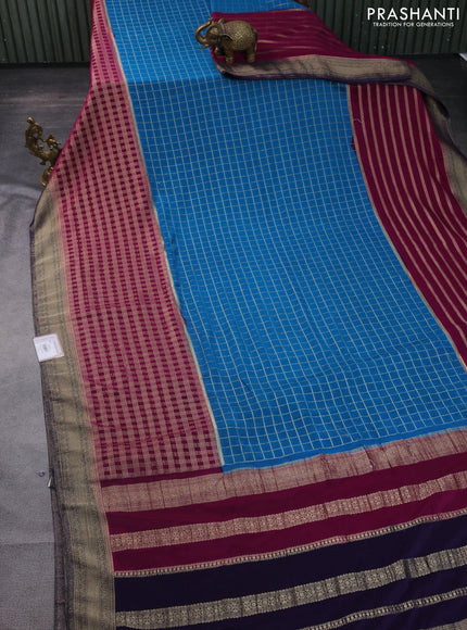 Banarasi semi crepe saree cs blue and deep purple navy blue with allover zari checked pattern and zari woven border