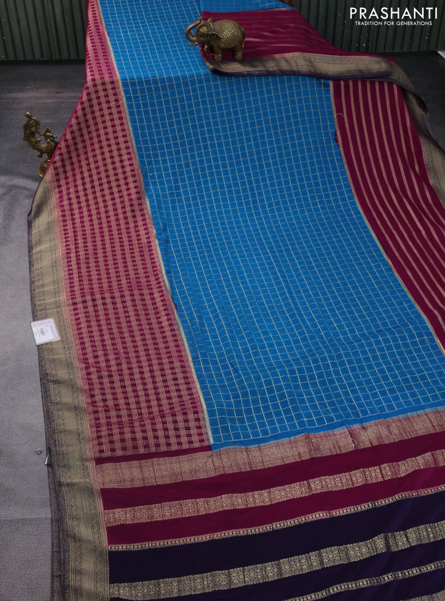 Banarasi semi crepe saree cs blue and deep purple navy blue with allover zari checked pattern and zari woven border