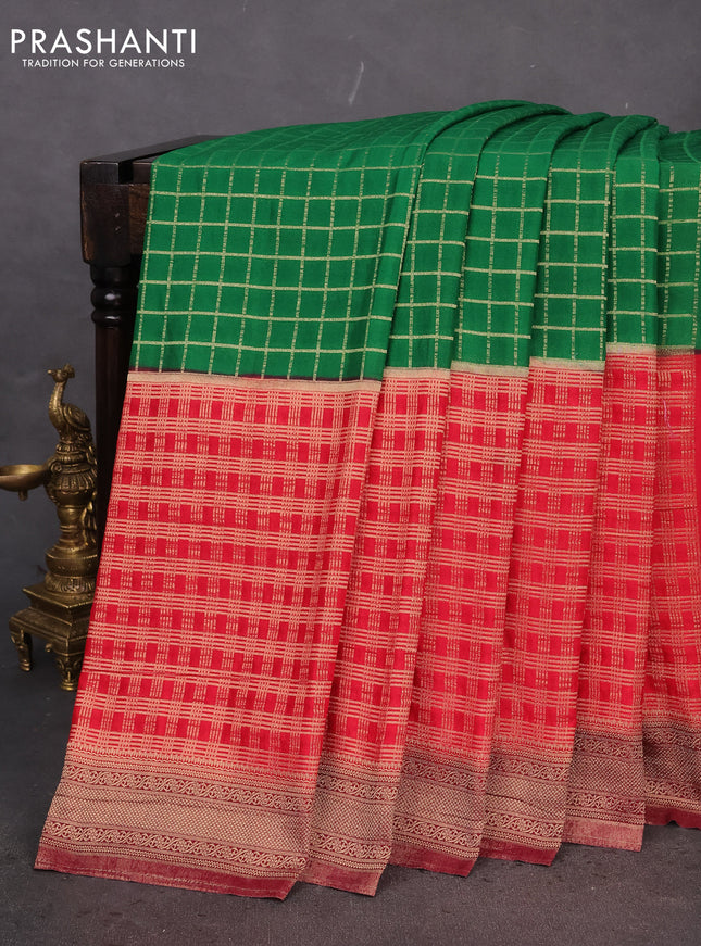 Banarasi semi crepe saree green and red maroon with allover zari checked pattern and zari woven border