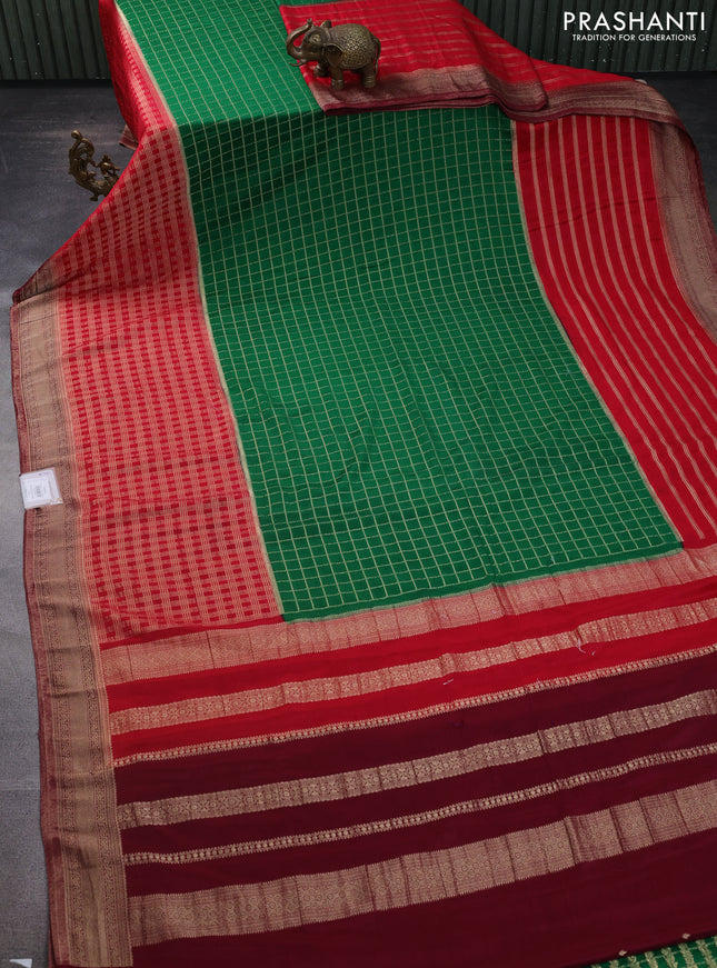 Banarasi semi crepe saree green and red maroon with allover zari checked pattern and zari woven border