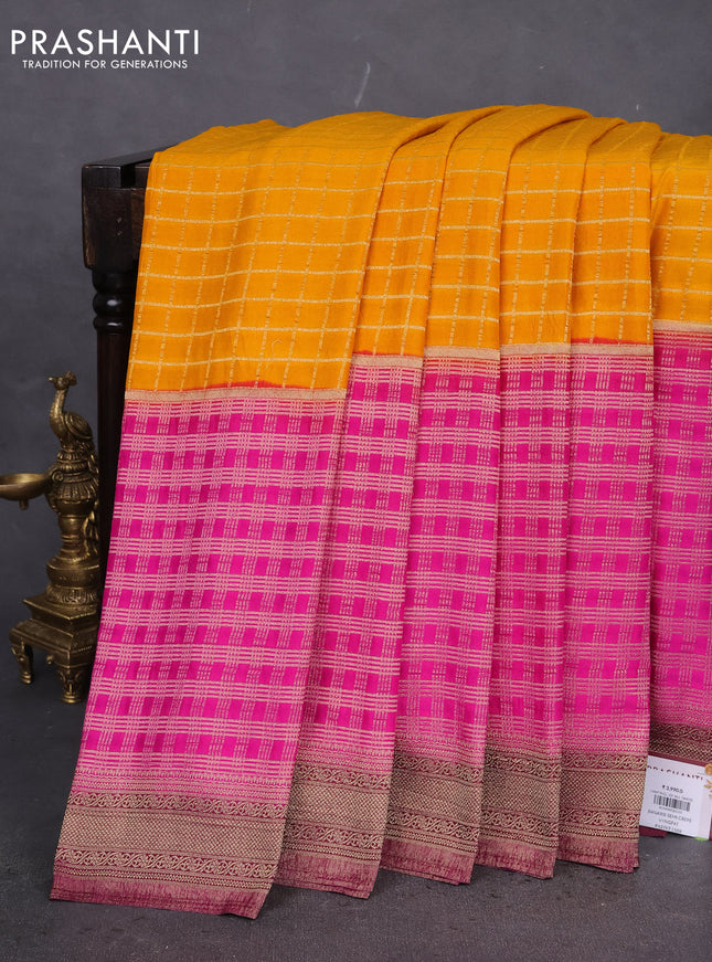 Banarasi semi crepe saree mango yellow and pink purple with allover zari checked pattern and zari woven border