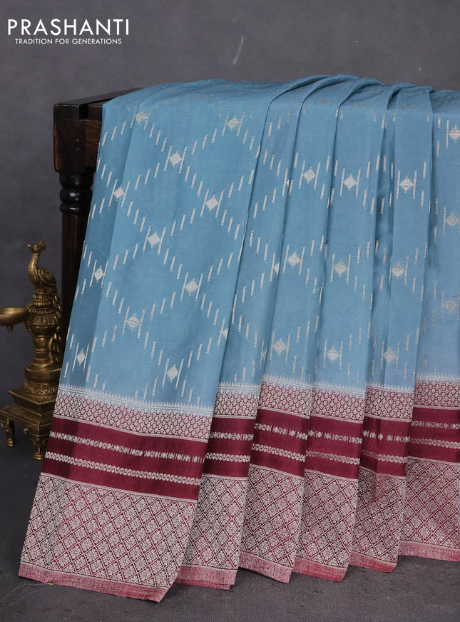 Banarasi semi crepe saree pastel blue and maroon with allover silver zari weaves and silver zari woven border