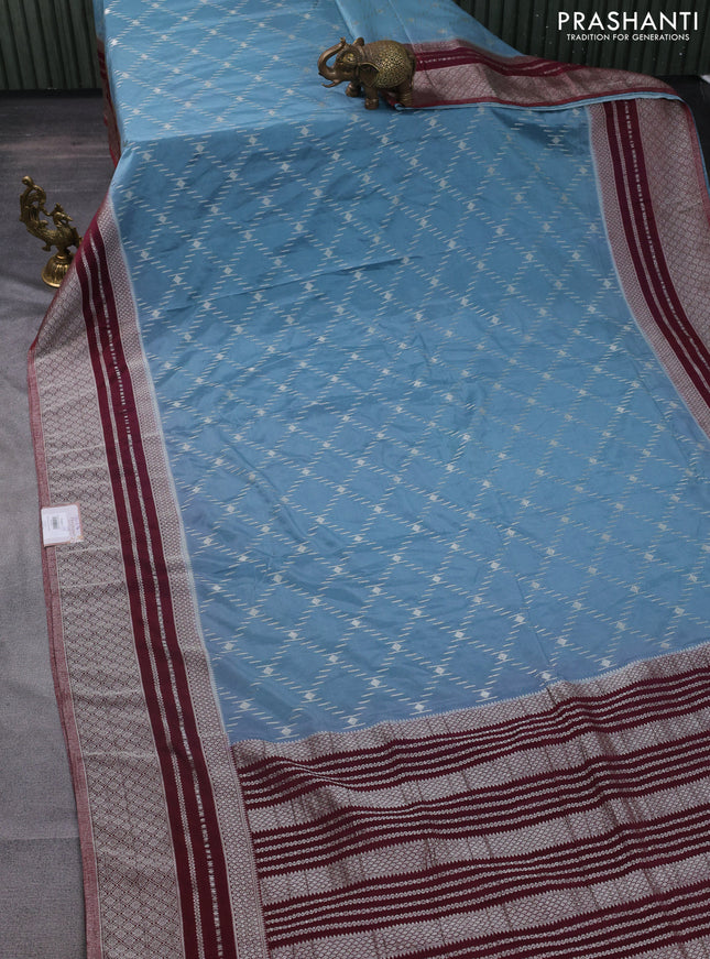 Banarasi semi crepe saree pastel blue and maroon with allover silver zari weaves and silver zari woven border