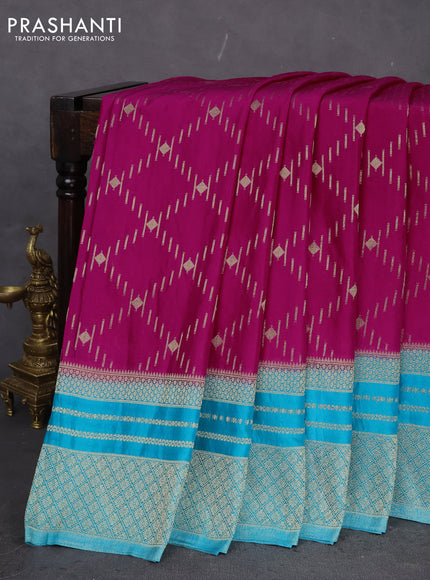 Banarasi semi crepe saree pink and teal blue with allover zari weaves and silver zari woven border