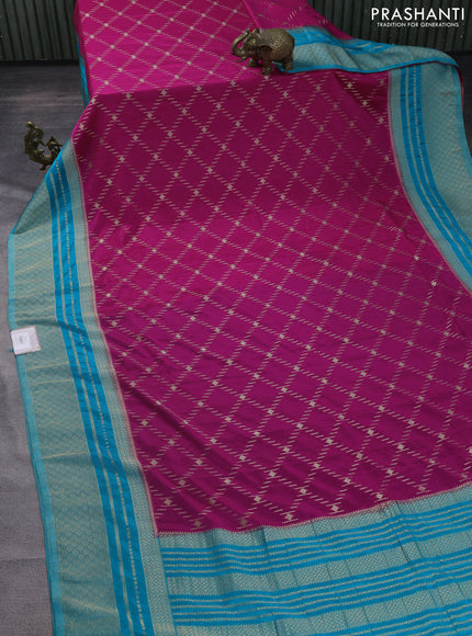 Banarasi semi crepe saree pink and teal blue with allover zari weaves and silver zari woven border