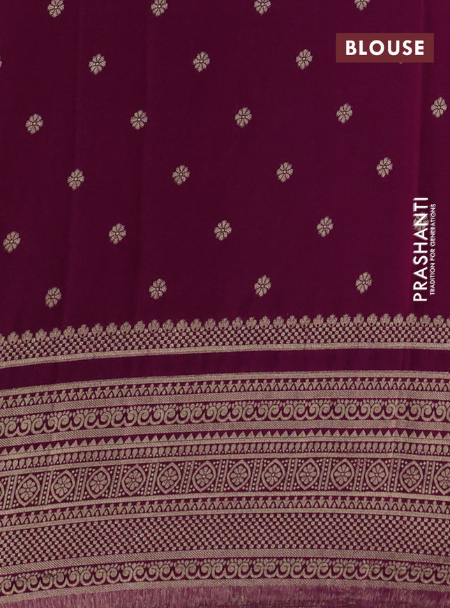 Banarasi semi crepe saree peach pink and purple with allover zari woven butta weaves and long zari woven border