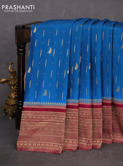 Banarasi semi crepe saree cs blue and dark pink with allover zari woven butta weaves and long zari woven border