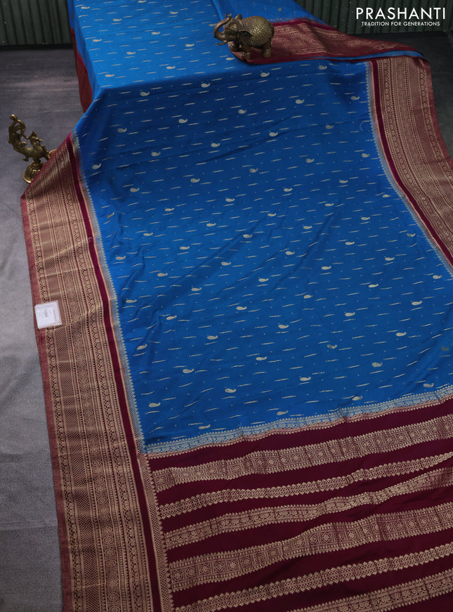 Banarasi semi crepe saree cs blue and dark pink with allover zari woven butta weaves and long zari woven border