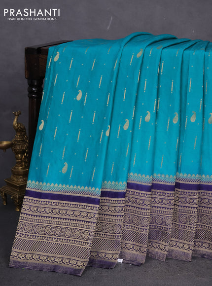 Banarasi semi crepe saree teal green and navy blue with allover zari woven butta weaves and long zari woven border