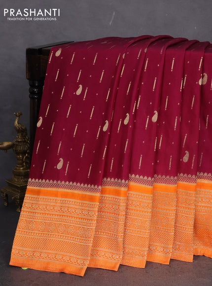 Banarasi semi crepe saree wine shade and orange with allover zari woven butta weaves and long zari woven border
