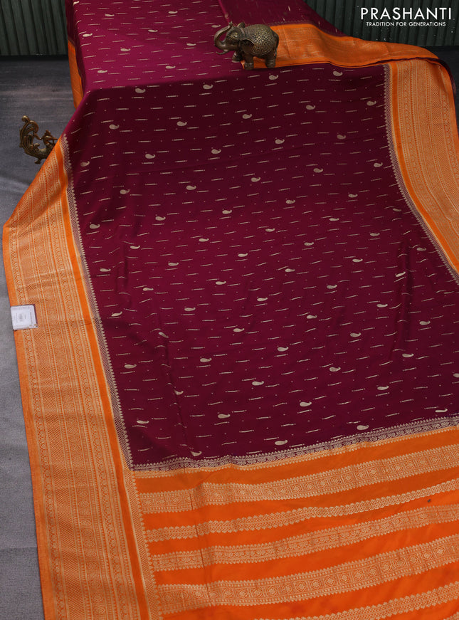 Banarasi semi crepe saree wine shade and orange with allover zari woven butta weaves and long zari woven border