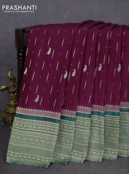 Banarasi semi crepe saree wine shade and bottle green with allover zari woven butta weaves and long zari woven border