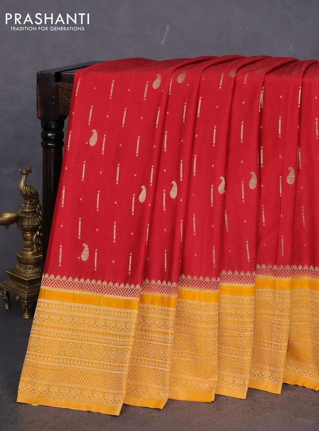 Banarasi semi crepe saree maroon and mango yellow with allover zari woven butta weaves and long zari woven border