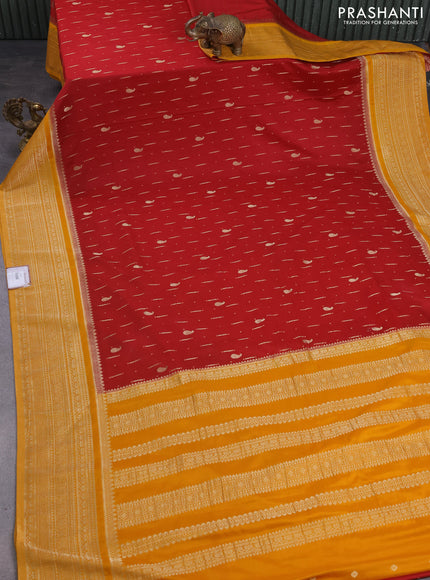 Banarasi semi crepe saree maroon and mango yellow with allover zari woven butta weaves and long zari woven border